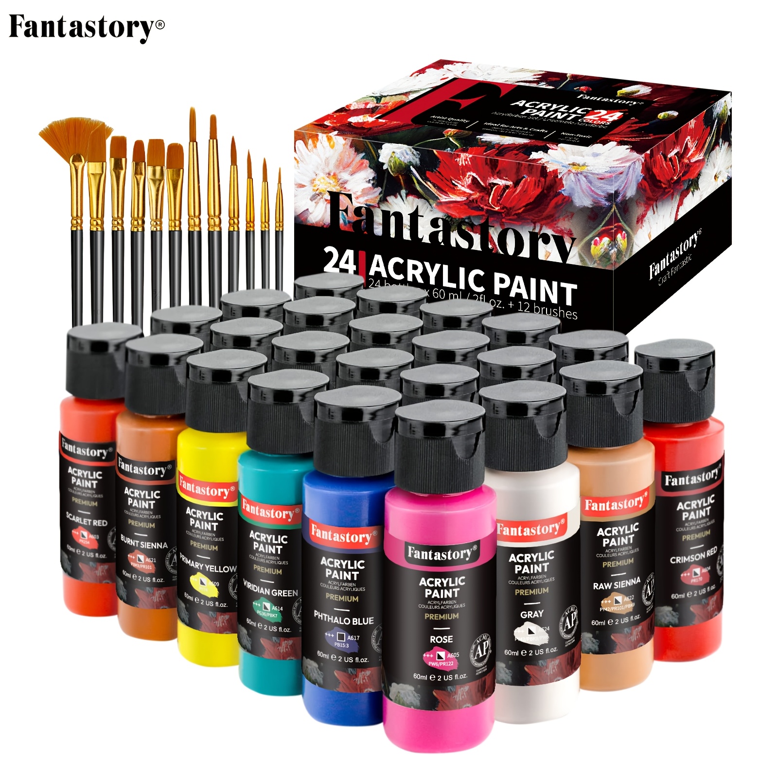 Image of Fantastory Acrylic Paint Set, 24classic Colors(2oz/60ml), Professional Craft Paint, Art Supplies Kit For Adults, Canvas/ Fabric/rock/glass/stone/ Ceramic/model/ Wood Painting With 10 Brushes
