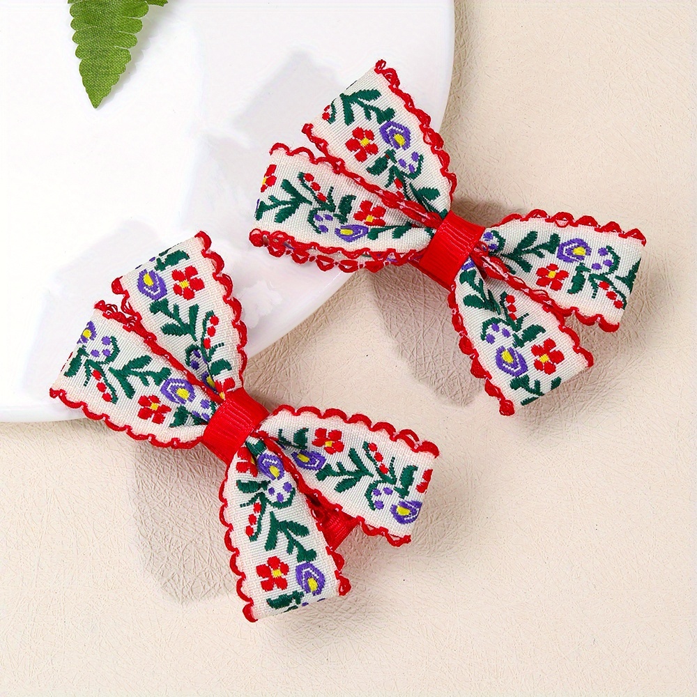 2pcs Embroidery Flower Bow Hair Clips For Mini Fabric Polyester Barrettes For Side Hair Bangs And Braids Additions & Special Occasions