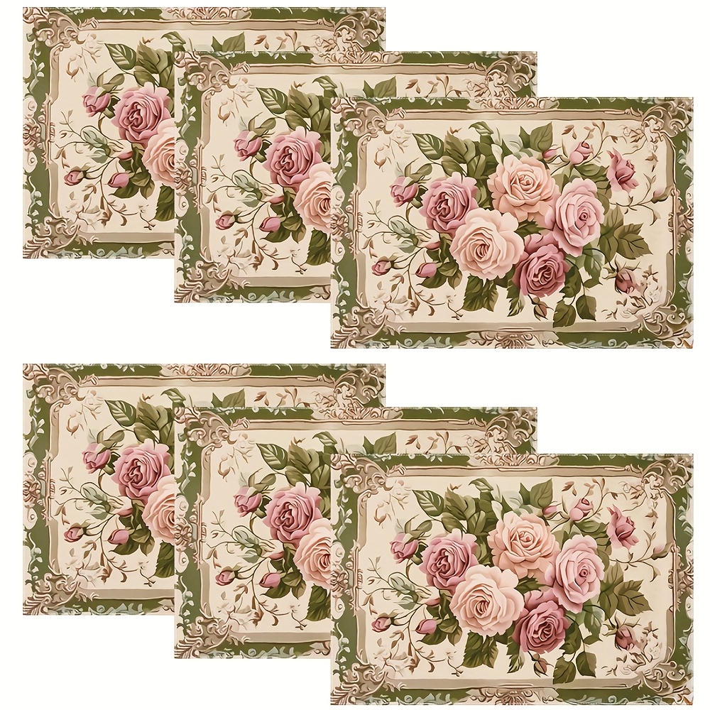 TEMU 4/6/8pcs Luxury French Rococo Botanical Floral Placemats Suitable & Dining Table Decor, Elegant Suitable For Parties, Rectangular Table With