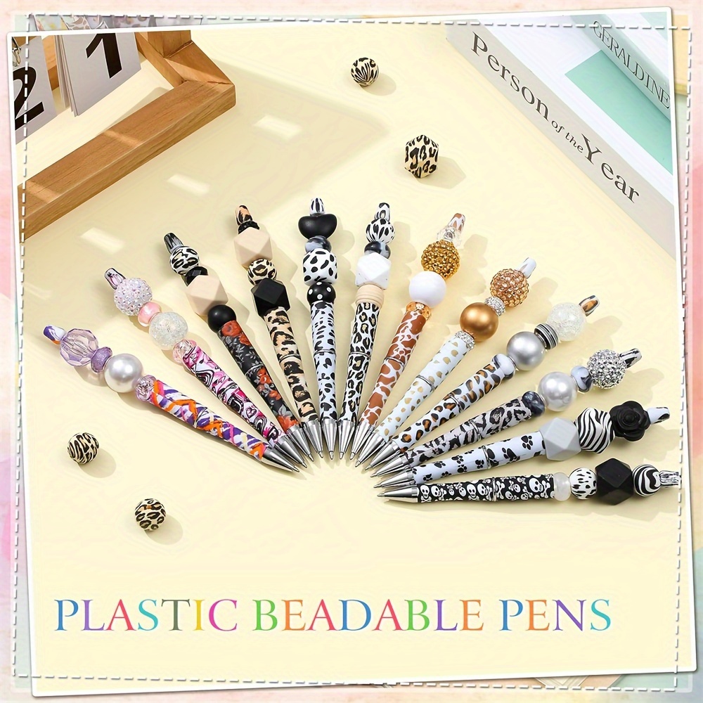 

25pcs Leopard Cow Printed Plastic Beadable Pens Set Beaded Ballpoint Pens Diy Animal Bead Pens With Black Ink For Graduations School Office Craft Pen Making Supplies
