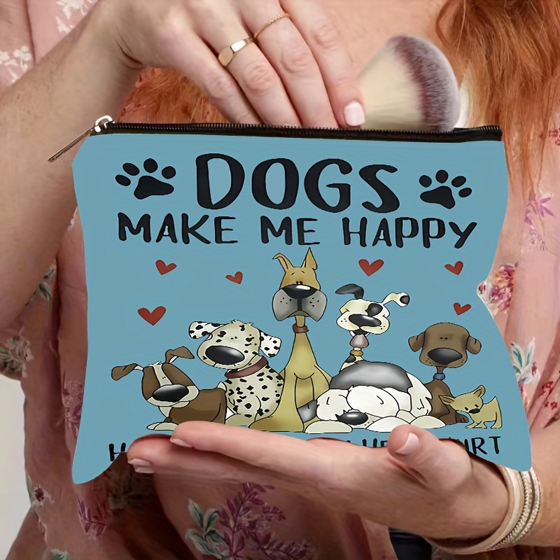 

1pc Dog Makeup Bag With Fun "dogs Happy" Design – Light Blue Travel Pouch, Multi-functional Toiletry Organizer For Women, Safe Zipper Closure