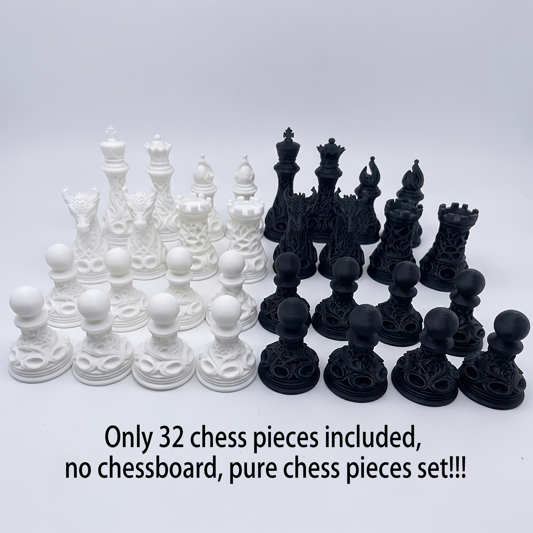 32pcs 3d Printed Plastic Gothic Revival Black And White Chess Set | Celtic Woven Art Dragon Pattern - Matte Polymer Hollow Geometric Structure Tabletop Game, Ideal For Casual Play