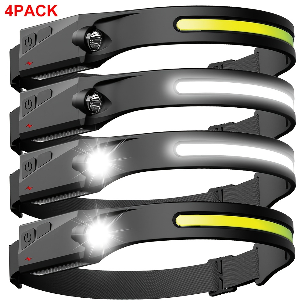 TEMU Lampes frontales LED rechargeables 4 pièces, lampes frontales COB à 230° avec fonction spot, lampes frontales rechargeables par USB, lampes
