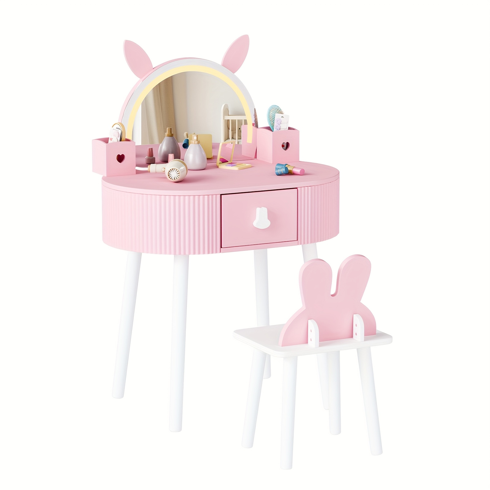 JOYMOR Kids Vanity Set with LED Lights, Girls Vanity Set, with Touch Screen, 3 Colors Adjustment, Solid Wood Leg, Large Drawer, 2 Storage Boxes, Kids Vanity Table and Chair Set, Birthday/Festival Gift for Girls, Animal Style