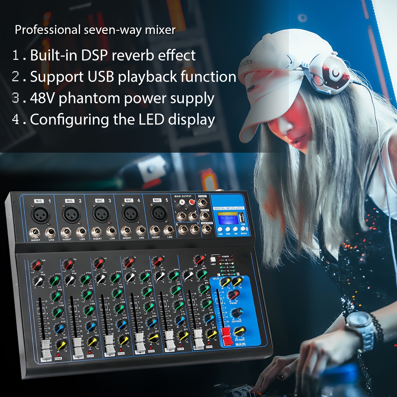 Depusheng HT7 Audio Mixer Portable USB DJ Sound Mixing Console 7 Channel  Bands Mixing Boards DJ mixer MP3 Jack 48V Power for Computer Recording black