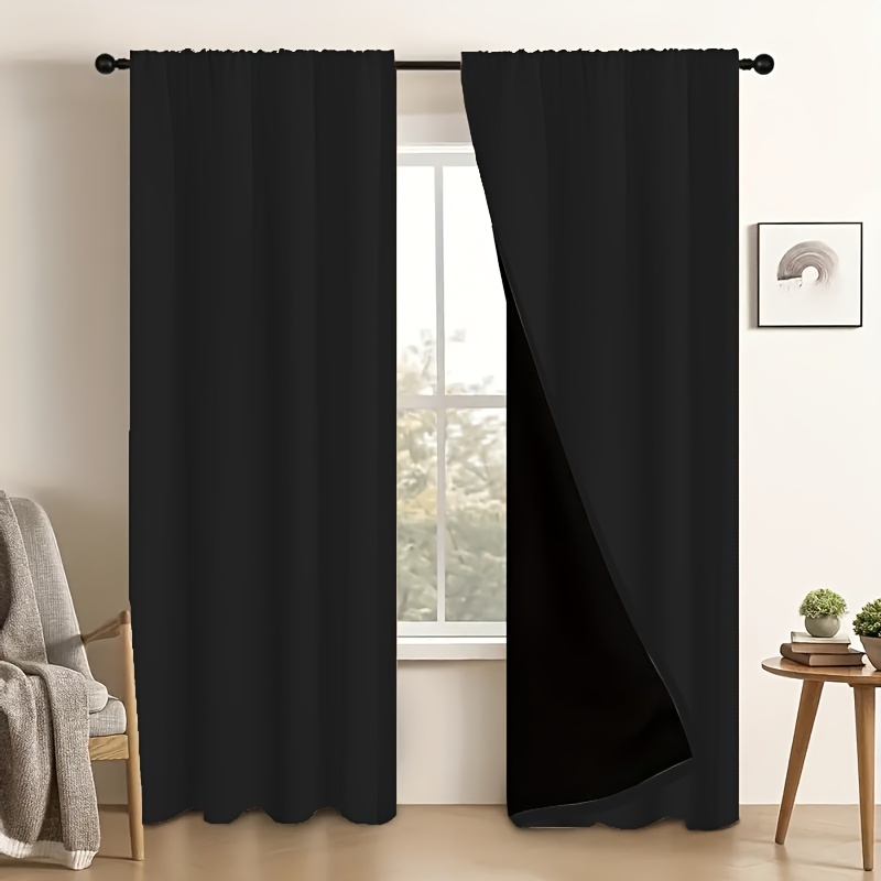 TEMU 2pcs, 100% Blackout Sunscreen Curtains, The Room, Solid Color Polyester Material With Coated Lining, Lightweight, Rod Pocket Hanging Method,