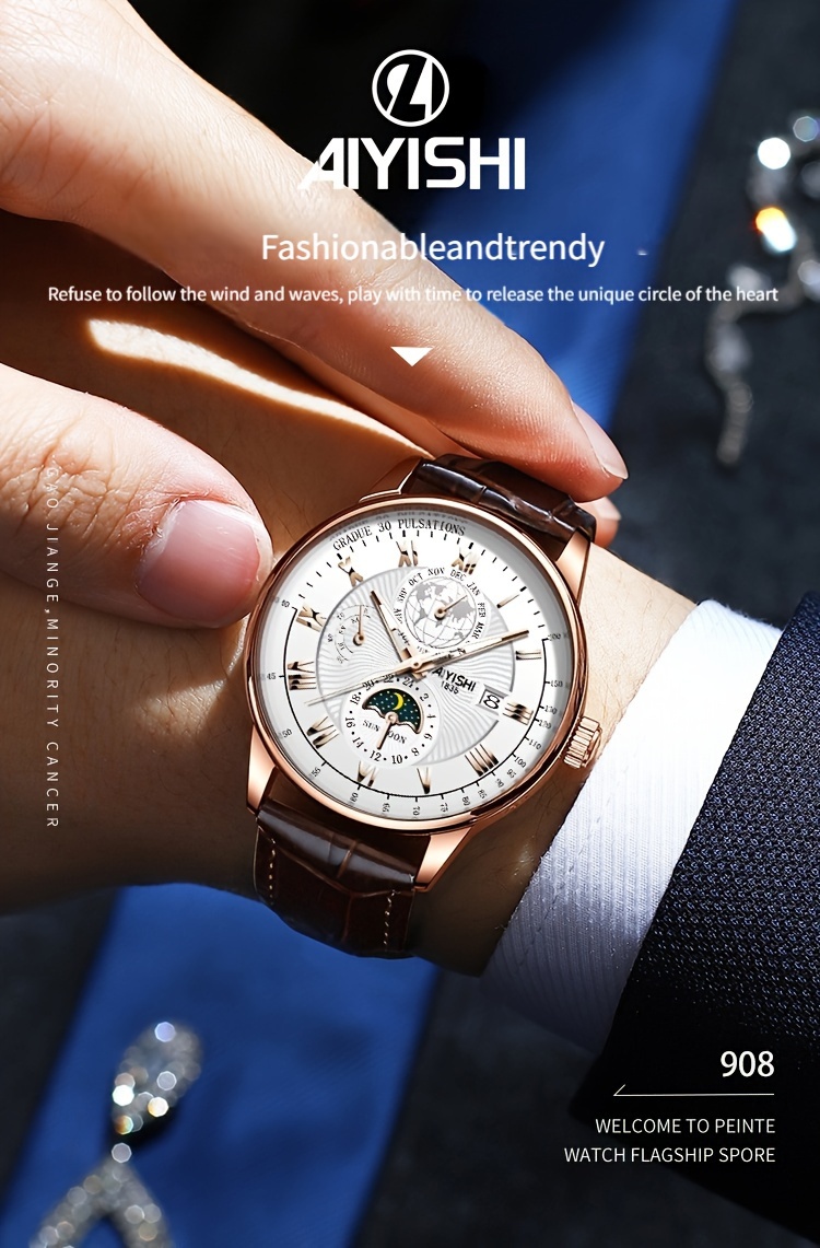 leisure pointer display pu leather strap with luminous calendar display for mens watches a gift for dad details 0