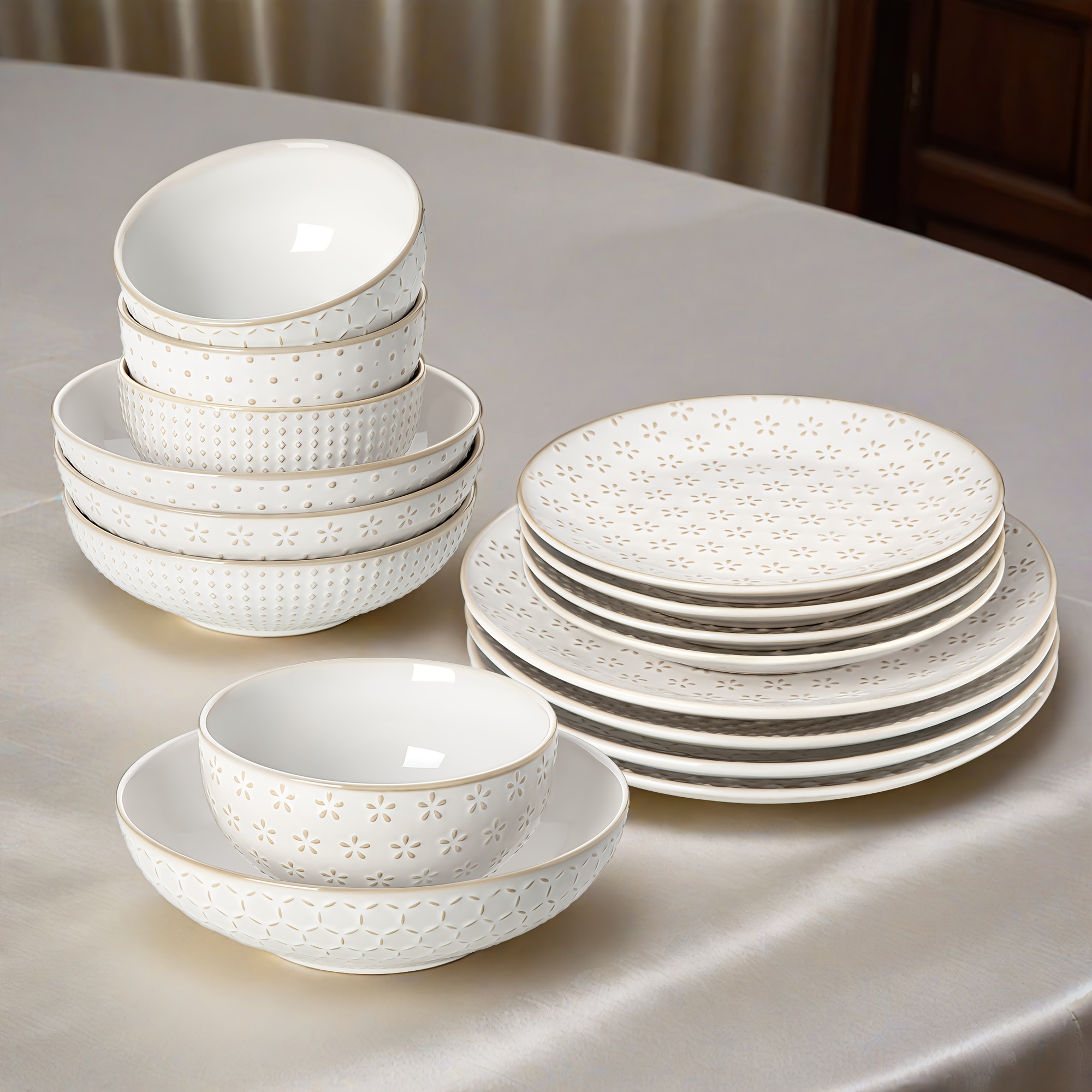 16 delars middagsservis i stengods med präglade motiv - Temu Sweden