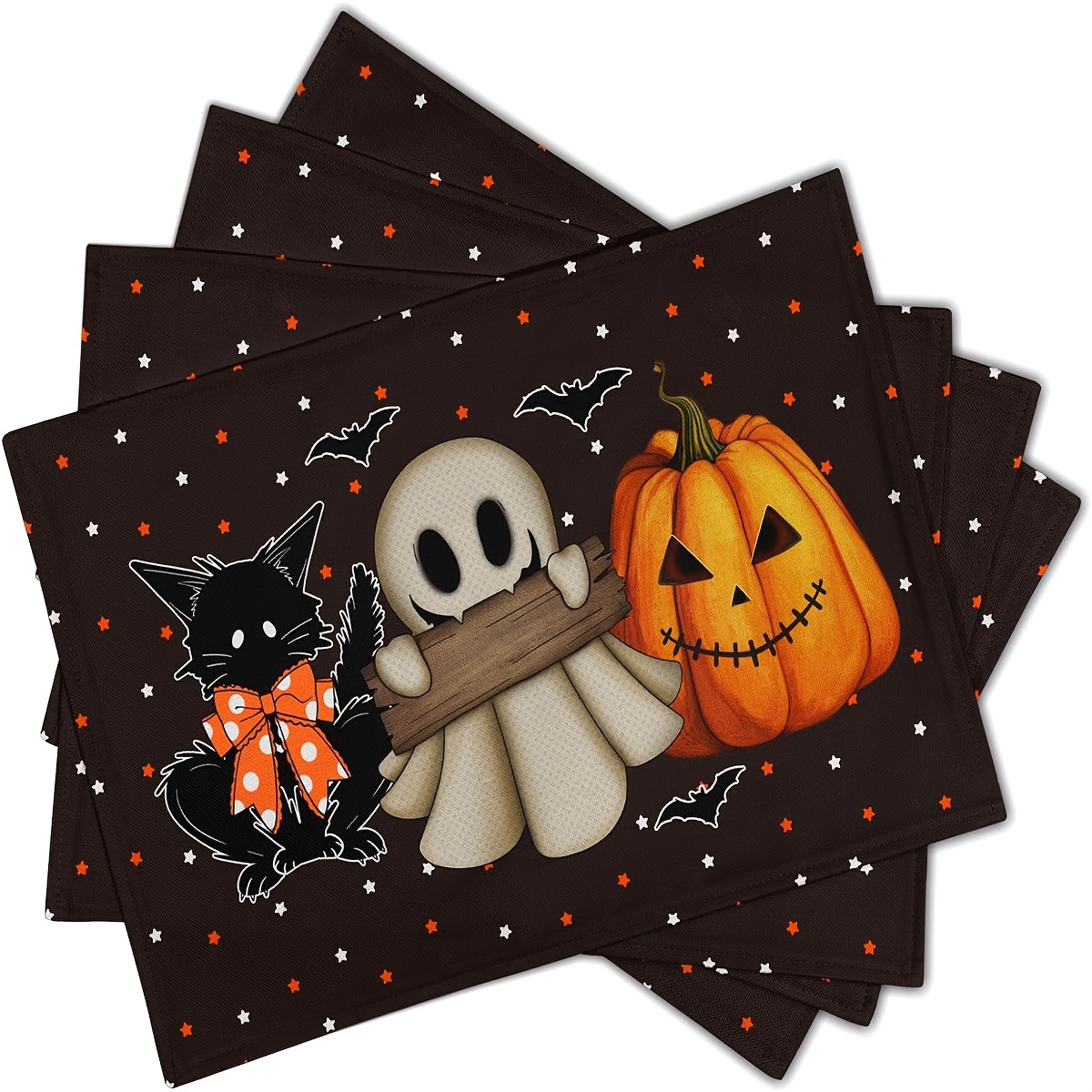 

Halloween-themed Meal Mat Set Of 4 - Ghost, Pumpkin, Black Cat & | 12x16" Non-slip, Heat-resistant Polyester Table Mats For Indoor/outdoor Use | Perfect For Catering & Festive Decor