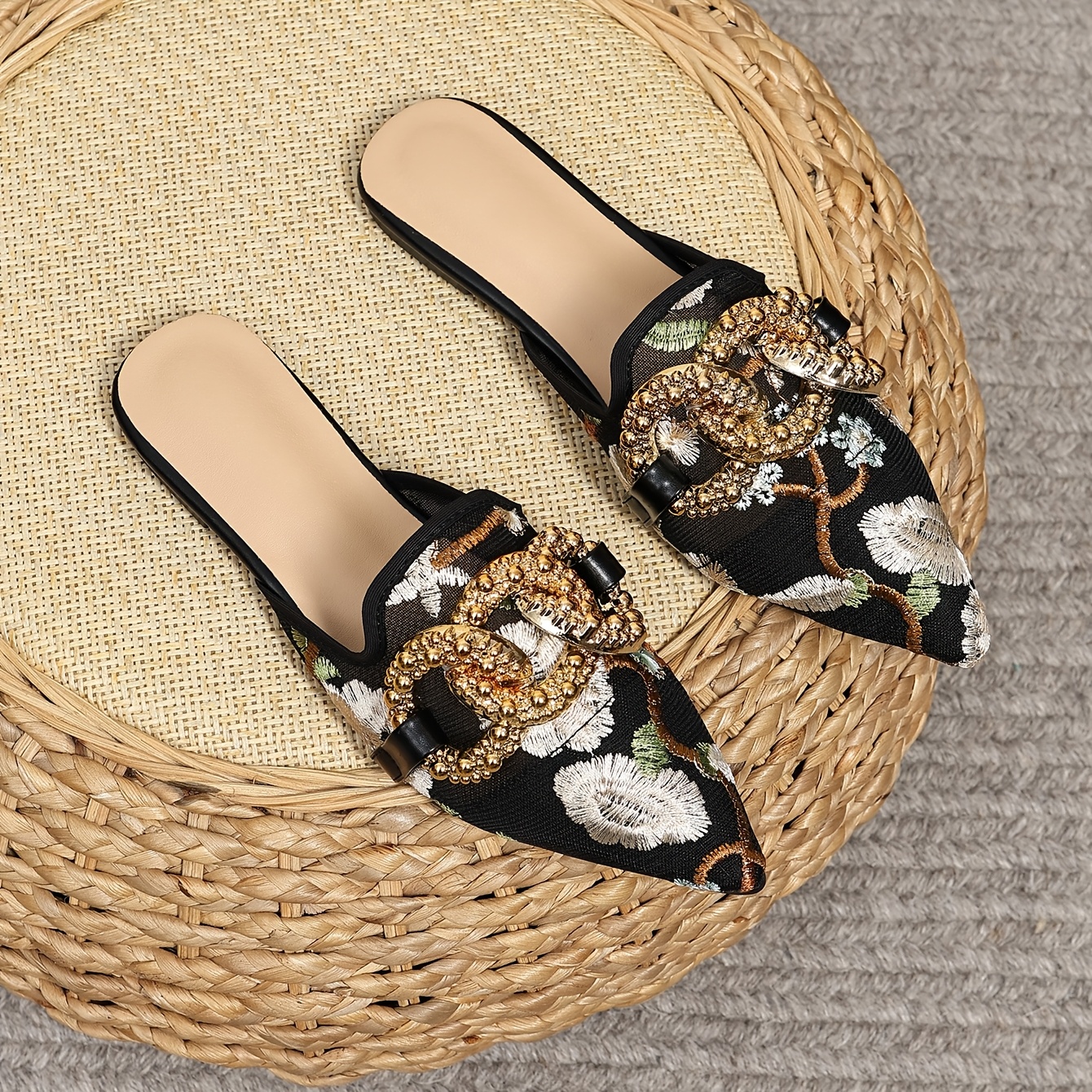 TEMU Soft Crushed Floral Mesh Half-slippers | Light Square Pointed-toe Mule Shoes, Fairy-style Slides, Women Shoes