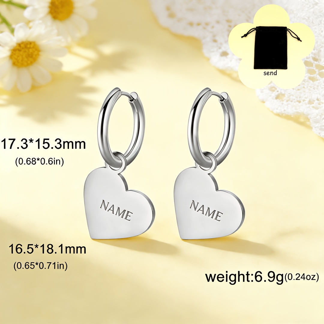 TEMU 1 Pair Of Stylish Personalized Custom Heart-shaped Pendant Earrings With Laser-engraved Names, Dates, And Special Symbols. Stainless Steel