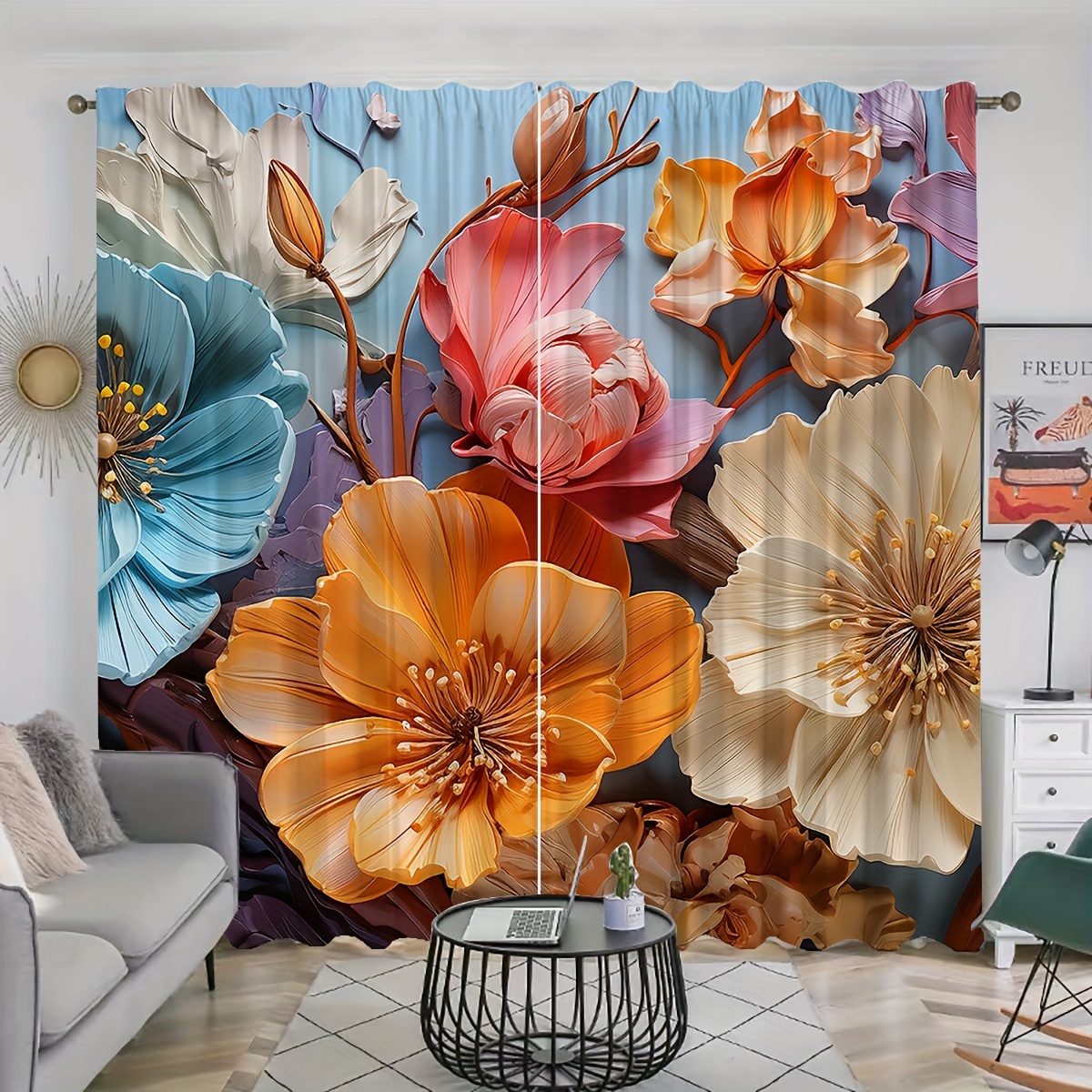

2pcs Oil Painting Flower Pattern Curtains, Decorative Rod Pocket Window Drapes, Window Treatments For Bedroom Living Room, Home Decoration, Room Decoration