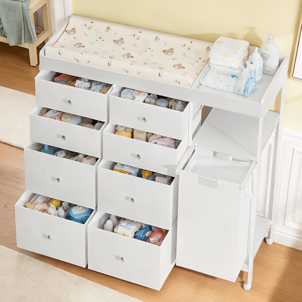Baby Changing Dresser, 8-Drawer Baby Dresser with Changing Table Top, Easy to Assemble, Mobile Utility Cart with Wheels for NurseryDiaper Changing Station, Mobile Dresser for Nursery, White