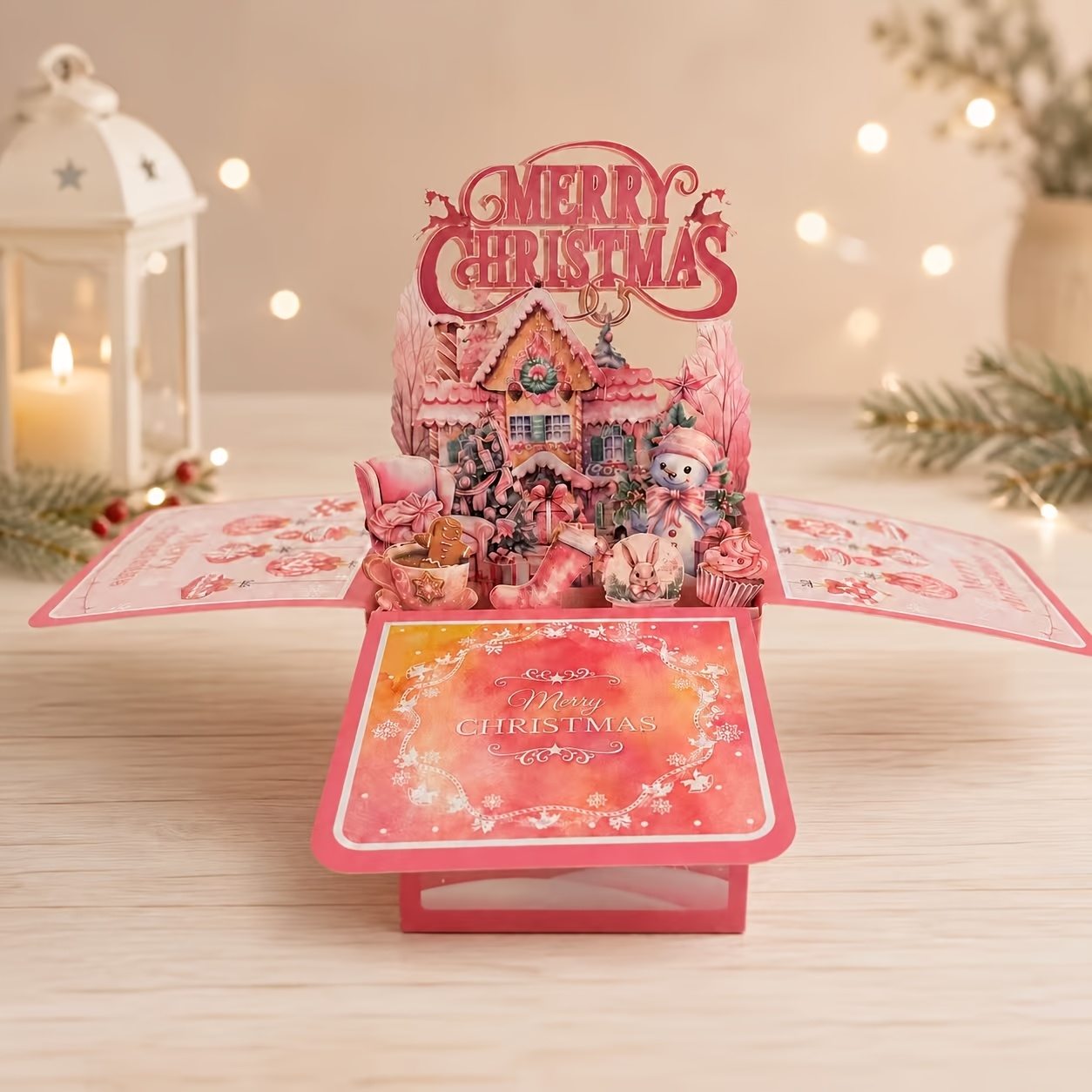 Image of 3d Pop-up Pink Christmas Tree And Snowman Greeting Card With Envelope - Holiday And New Year Greetings, Festive Card For