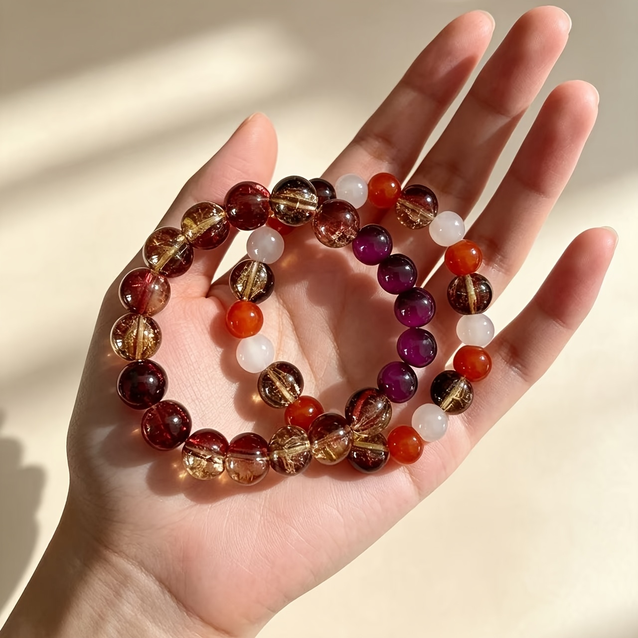 2pcs Large Red Gradient Crystal & Rose Tiger's Eye Beads Bracelet