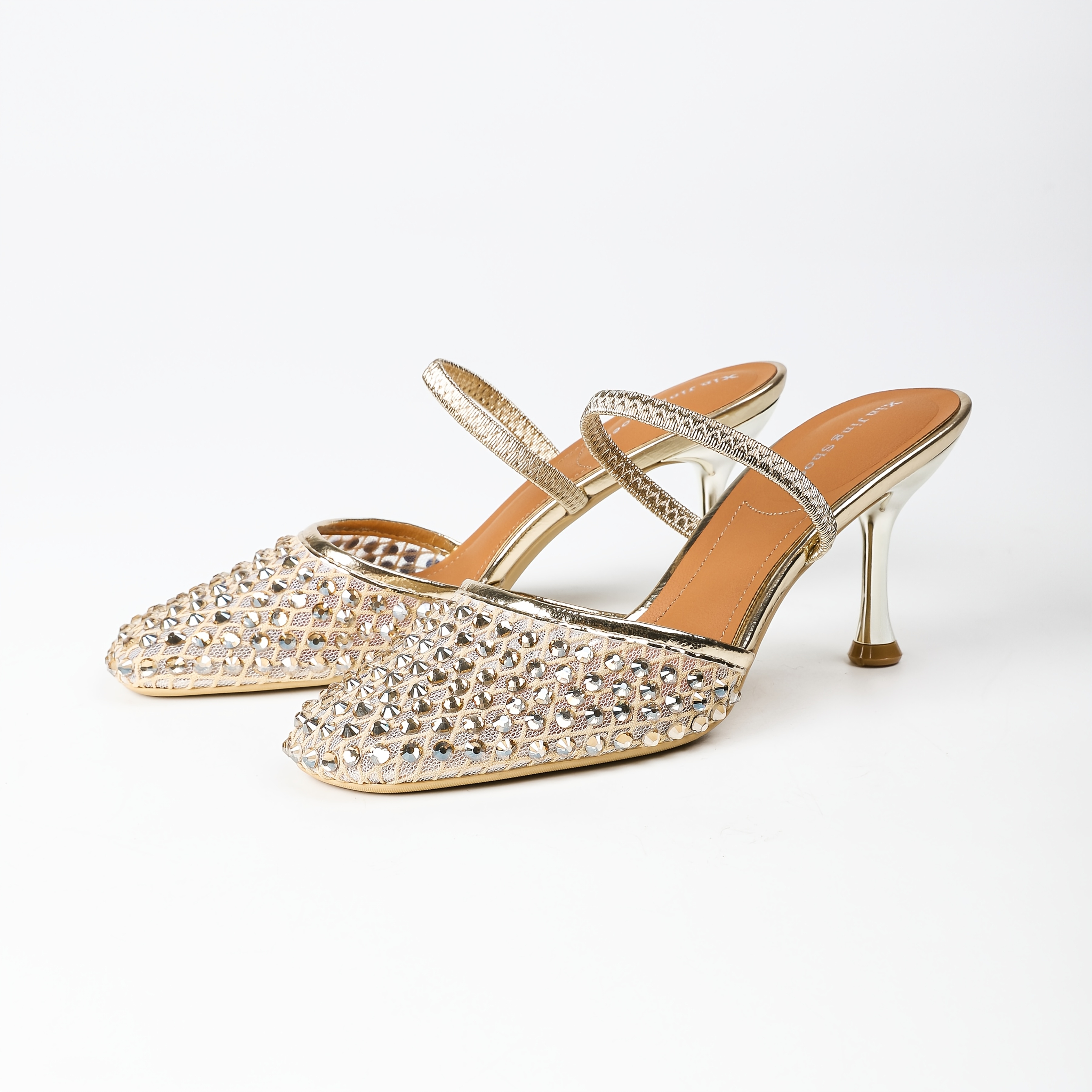 Image of Summer Elegant Mesh Rhinestone Mule Slippers, Stiletto Wine Glass Heel Half Slippers, Wear, One-strap High-heeled Sandals, Women Shoes