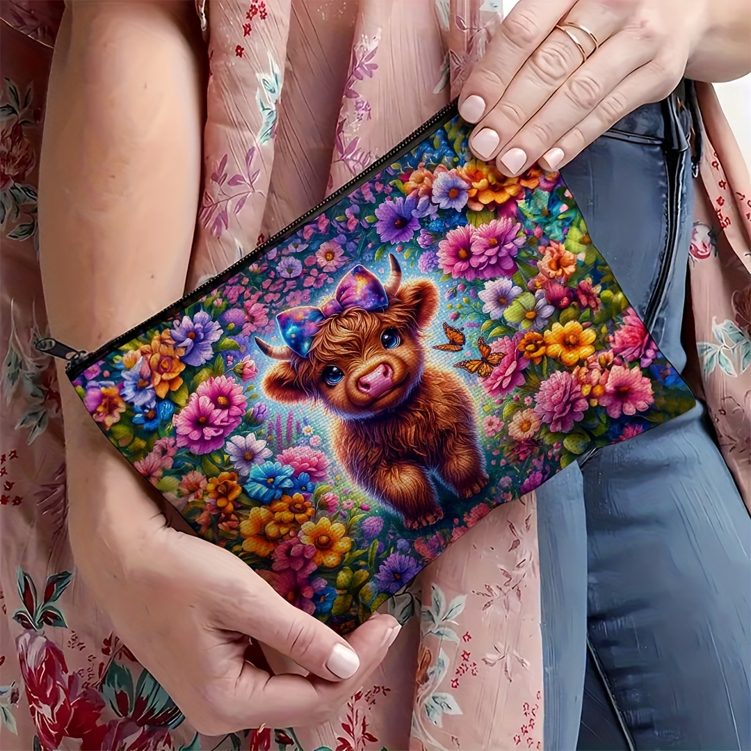 TEMU 1pc Baby Highland Cow Floral Makeup Bag - Vibrant Western Style Cosmetic And Toiletry Organizer Pouch, Durable Fabric Portable Travel Bag,