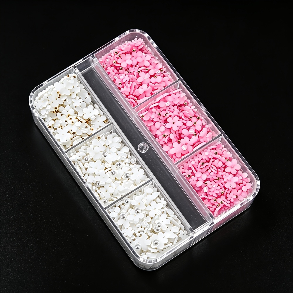 TEMU 3d Floral Nail Art Decorations Set - 6 Grids White & And , Self-adhesive Nail Gems Charms, Cute 5-petal Nail Supplies For Manicure, Perfect For