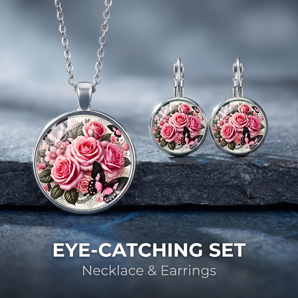TEMU 3pcs Pink Rose Necklace And Earrings Set, Suitable For Daily Wear, Exquisite Small Gift