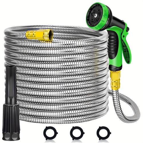 lovfen garden hose 5 8 304 stainless steel metal water hose garden water hose with 9 pattern spray nozzle flexible lightweight kink free hose for yard outdoor