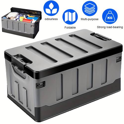 60l heavy duty car trunk storage box with lid handles large capacity folding organizer for suvs and cars portable outdoor camping storage case with secure latches hinges trunk storage organizer
