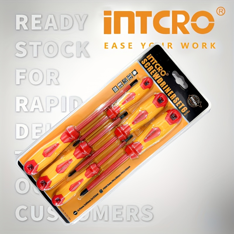 

6pcs Intcro Screwdriver Set - High Hardness Steel, Magnetic & Bits For Electricity Installation, Non-slip Handle, Red/yellow