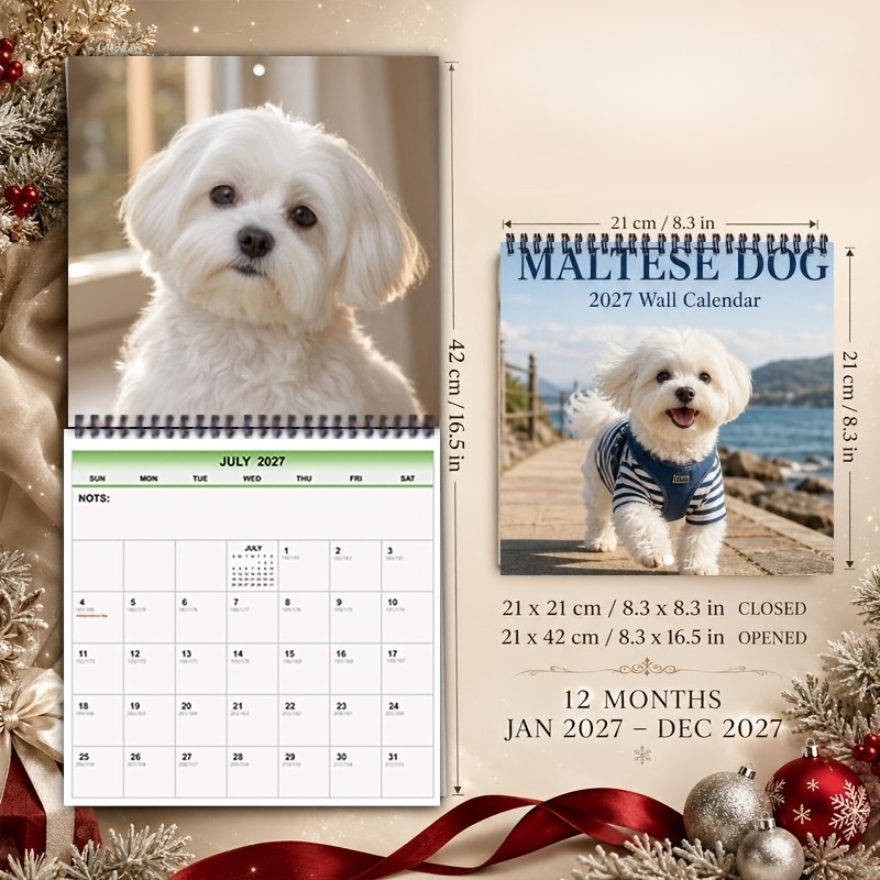 TEMU 2027 1pc Maltese Dog Calendar With Double Coil Spiral Binding - 12-month Hanging Calendar For Dog Lovers, Writeable Notes Area And Us Holiday