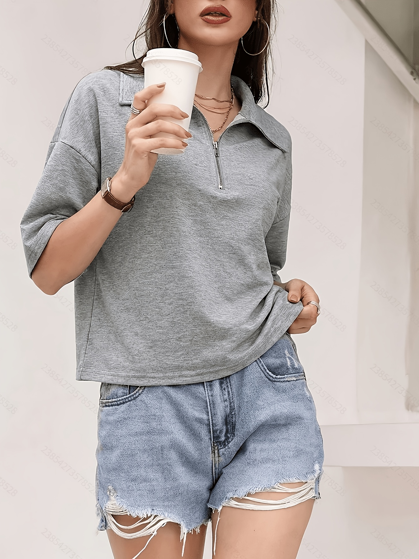 Women's -Neck Lapel Zipper Polo Shirt - Short Sleeve Half-Placket Blouse Suitable for Casual Commuter & -Casual Wear, Solid Color T-Shirts, Machine Washable Gray Top, - Versatile Office to Weekend Outfits