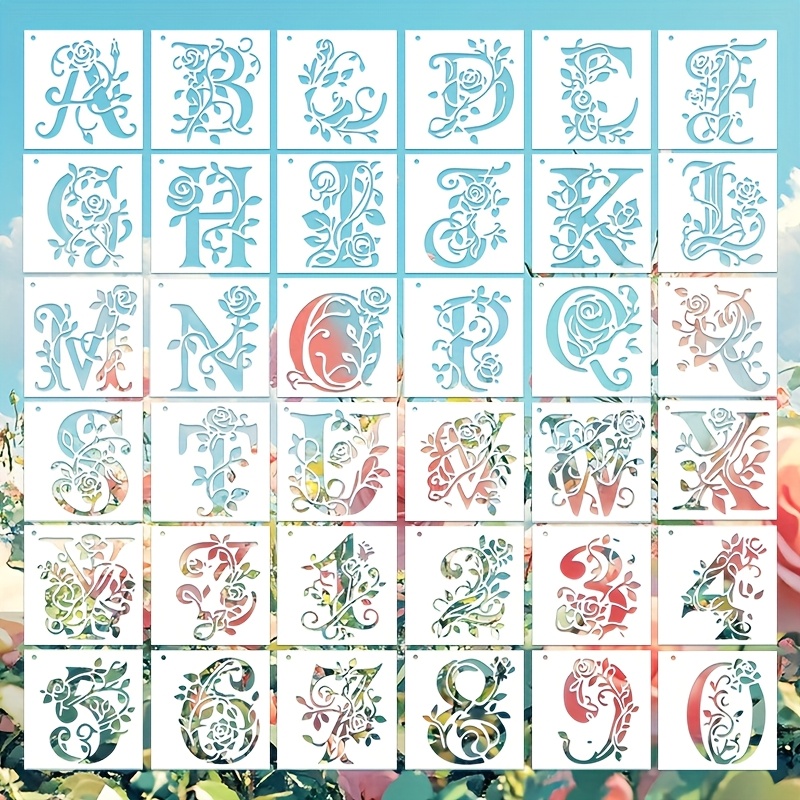 E-shop 36-teiliges Alphabet- und Zahlen-Schablonen-Set, Malvorlagen, geeignet für Malerei, Wanddekoration, Textildruck, -Verzierung, Geschenkbox,