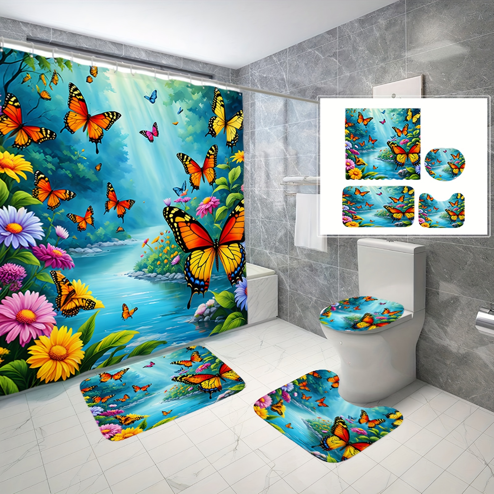 

Sunlit Butterfly Shower Curtain Set With 12 Hooks, Bathroom Non-slip Mats, Toilet Seat Cover, And U-shaped Pads - Cartoon Landscape Design, Durable Polyester Fabric, Suitable For All Seasons