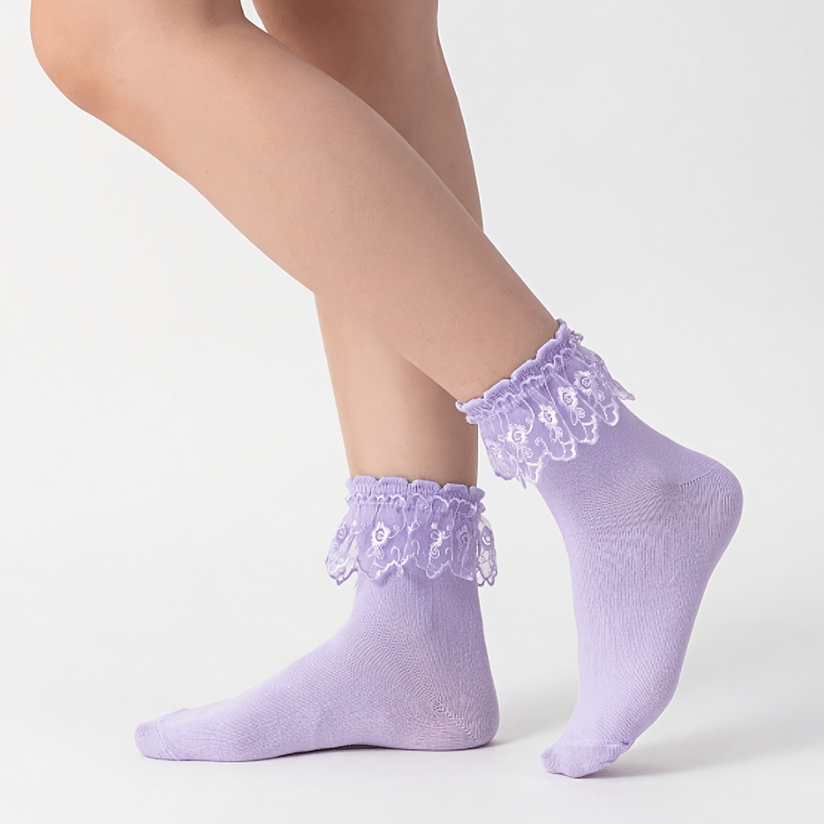 TEMU 1 Pair Women' Purple Mid-calf Socks With Lace Trim At Ankle, Suitable For Dance And Parties, Gift For Holidays And Outdoor, Casual Wear
