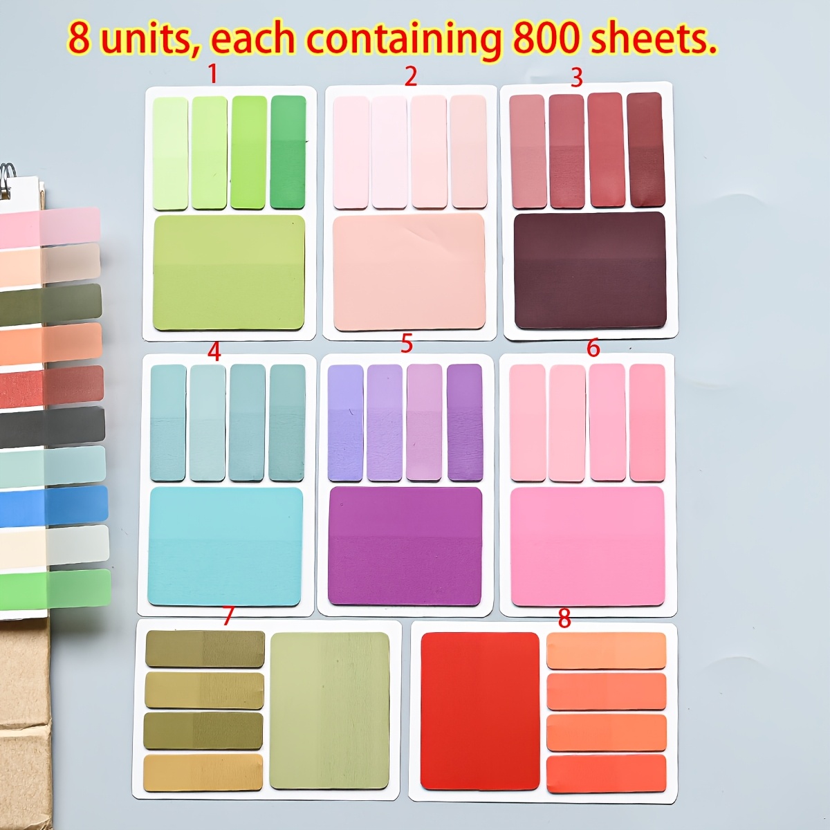 TEMU 16pcs/1600 Feuilles 8pcs/800 Feuilles Emballage Combiné PET Plastique Matériau Notes Multi-Couleur Index Autocollants Couleur Morandi