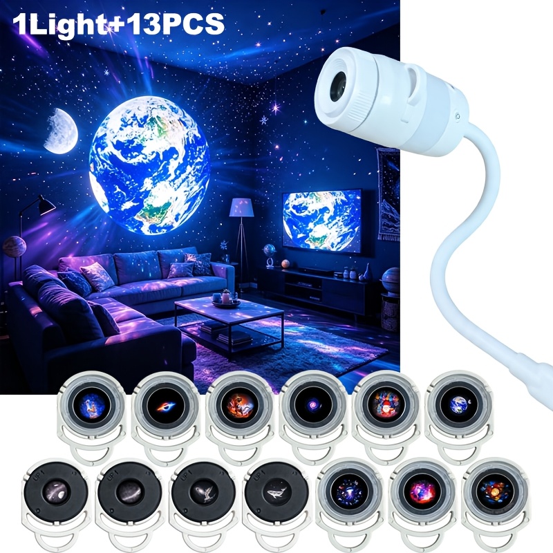TEMU Lampe de chevet projecteur ciel étoilé USB 13-en-1, mode d'éclairage à 7 vitesses, films de projection multiples remplaçables, angle de rotation