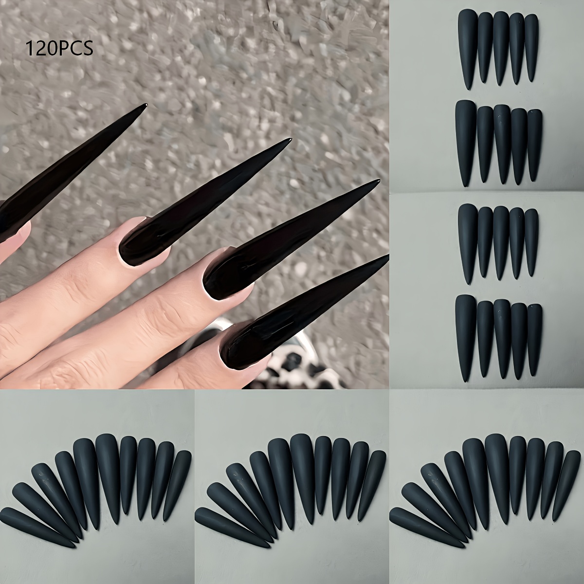 TEMU Large Capacity 120pcs Extra Long Point Pre-made Nails, Matte Full Size Nail Sheets, Dark Cool Stage False Nails