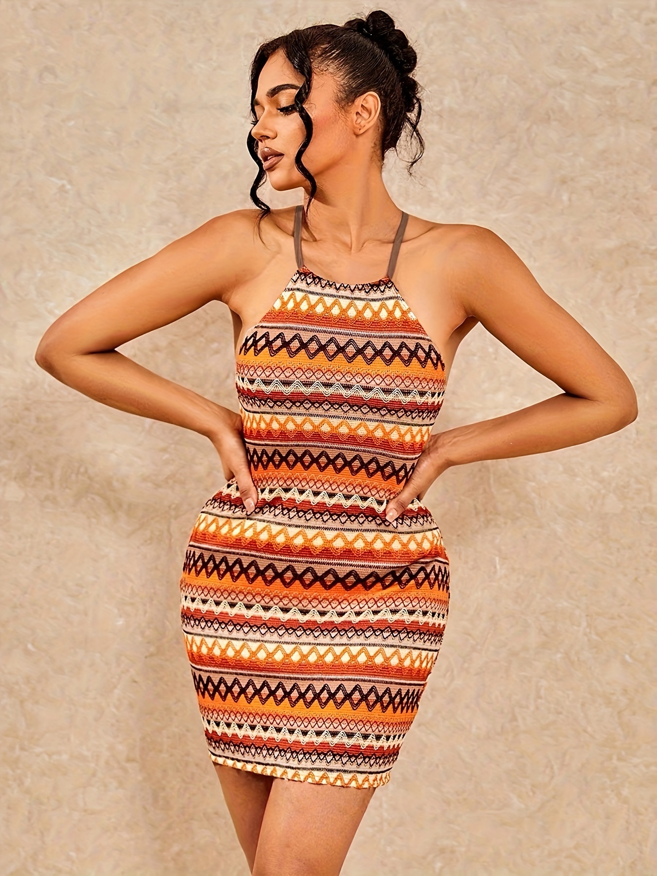 cross border womens striped crochet dress backless - Temu