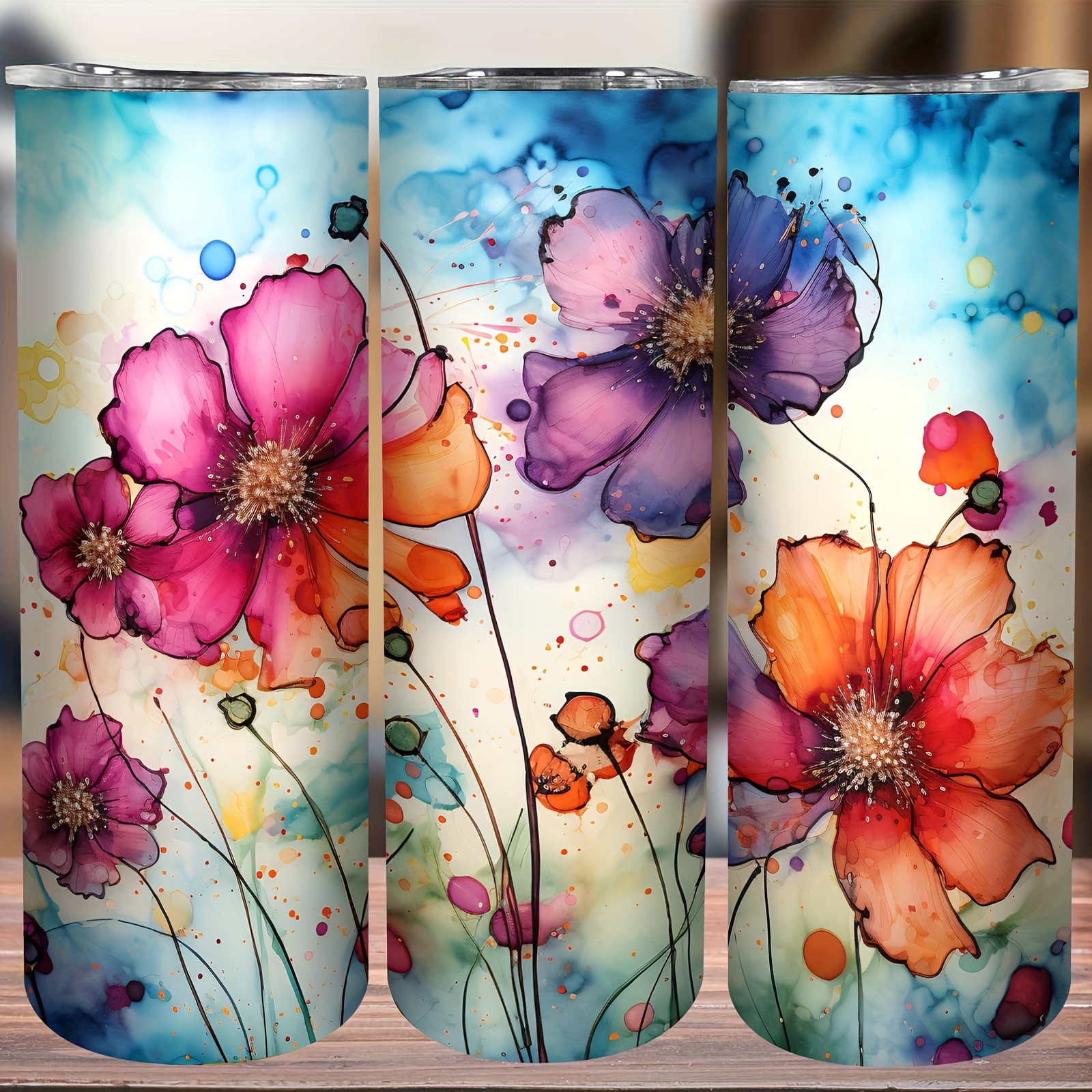 

20oz Floral Stainless Steel Tumbler With Lid And Straw, Double Wall Vacuum Insulated Travel Mug, Keeps Drinks Hot Or Cold For 6 Hours, Colorful Flower Design For On-the-go Refreshment