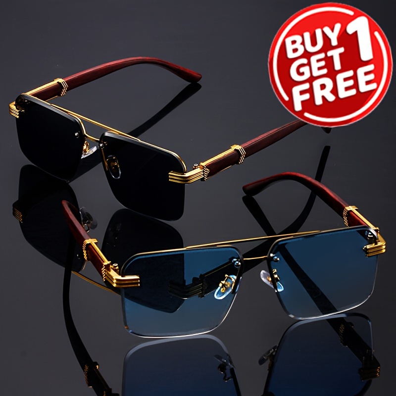 

2pcs Vintage Rimless Fashion Glasses For Women, Classic Wooden Temple, Cool Design