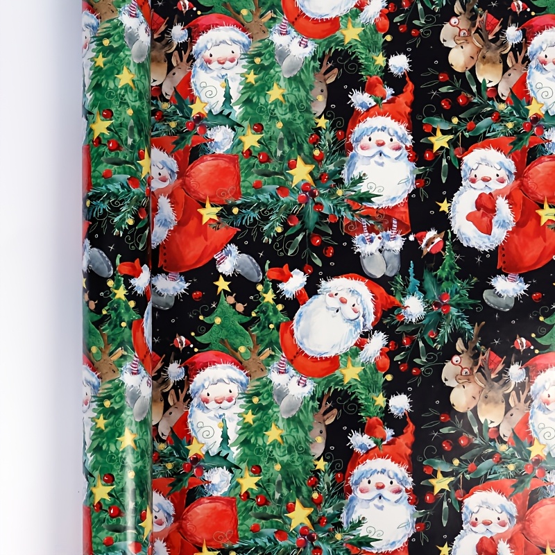 TEMU de Noël Père Noël, Fond Noir avec Motif de de Neige et , Rouleau d'Emballage Cadeau Épais Vintage pour les Fêtes de Noël, Fête d'Anniversaire,