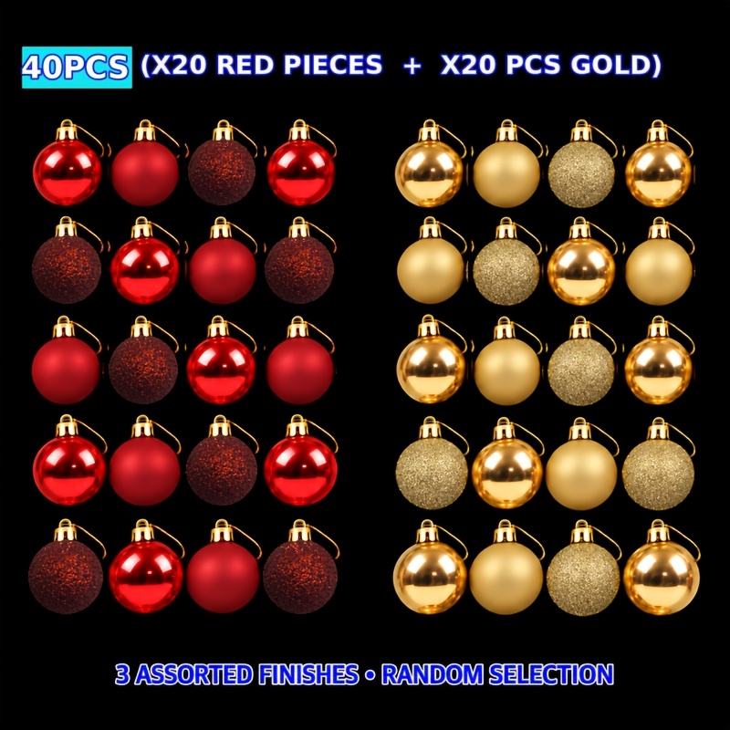 TEMU 40pcs Christmas Ball Set (20pcs Red Balls And 20pcs ) Red And Golden Color- Christmas Decorative Balls, Glossy, Matte, Frosted Textures Mixed