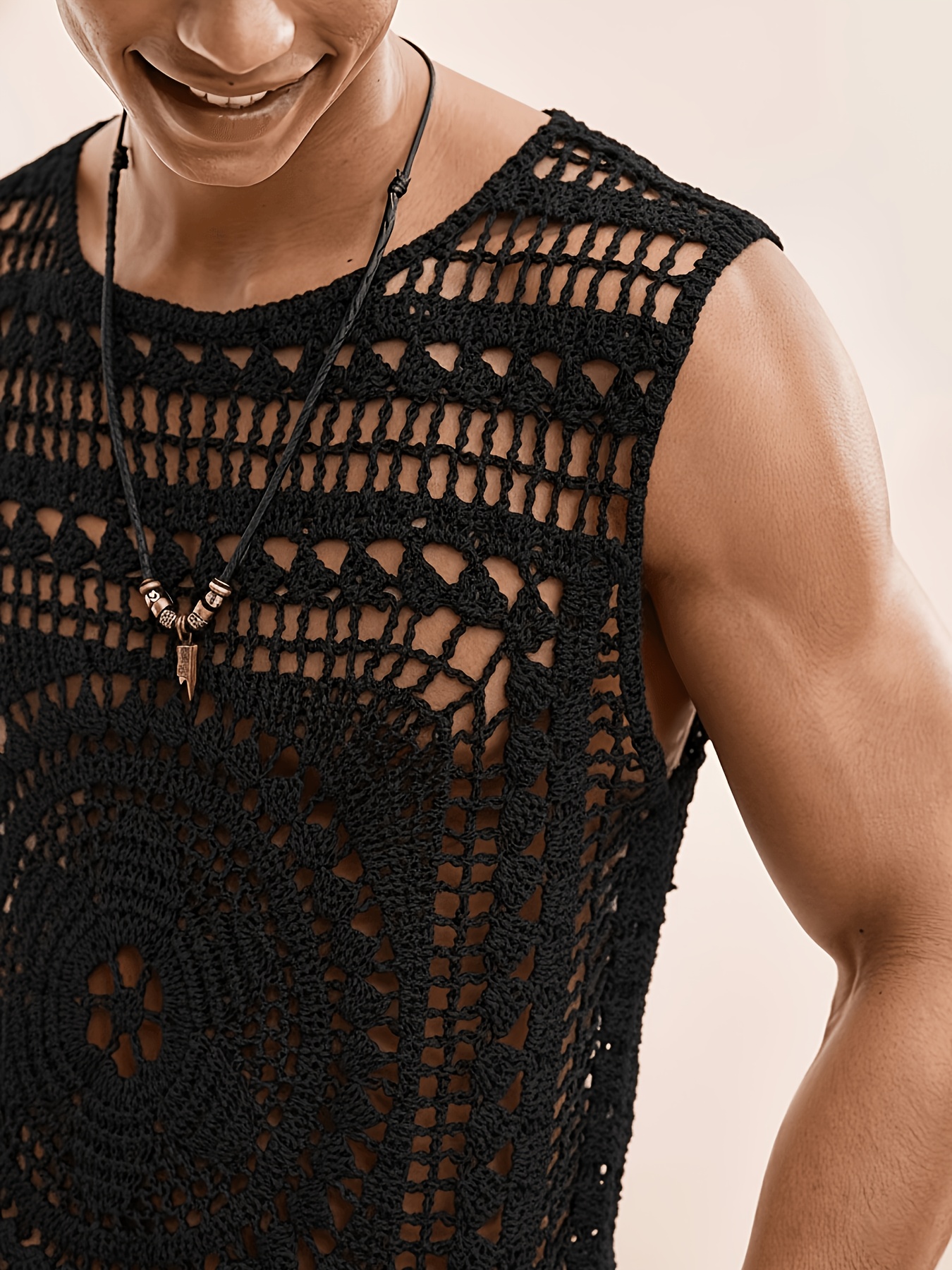 Men's Casual Solid Color Crew Neck Hollow-Out Knitted Vest, Men's Crochet Top, Men's Summer Top, Men's Beach Top, Men's Tank Top, Holiday Sleeveless Men's Crochet Top, Men's Crochet Tank Top, Men's Holiday Top, Men's Mesh Top, Men's Sleeveless Top