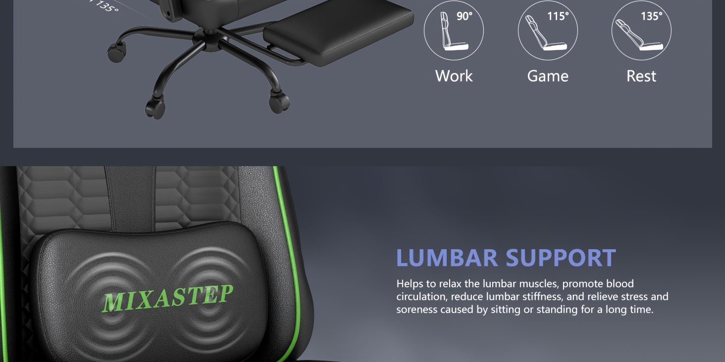 Een ergonomische gamingstoel met verstelbare rugleuning en een draaibare 360-graden functie - Ontworpen voor volwassenen en tieners tot 150 kg, perfect voor thuiskantoren of gaming, in een groene kleur.