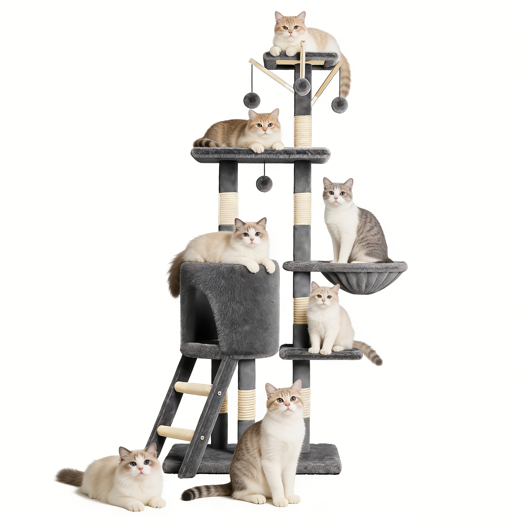 TEMU For Large Multi-level Cat Tree, Cat Climbing Frame With Integrated Cat Bed, Plush Cat Condo With Sisal-covered Scratching Posts, Hammock, Dangling Ball, And Extended Platform For Cats To Play