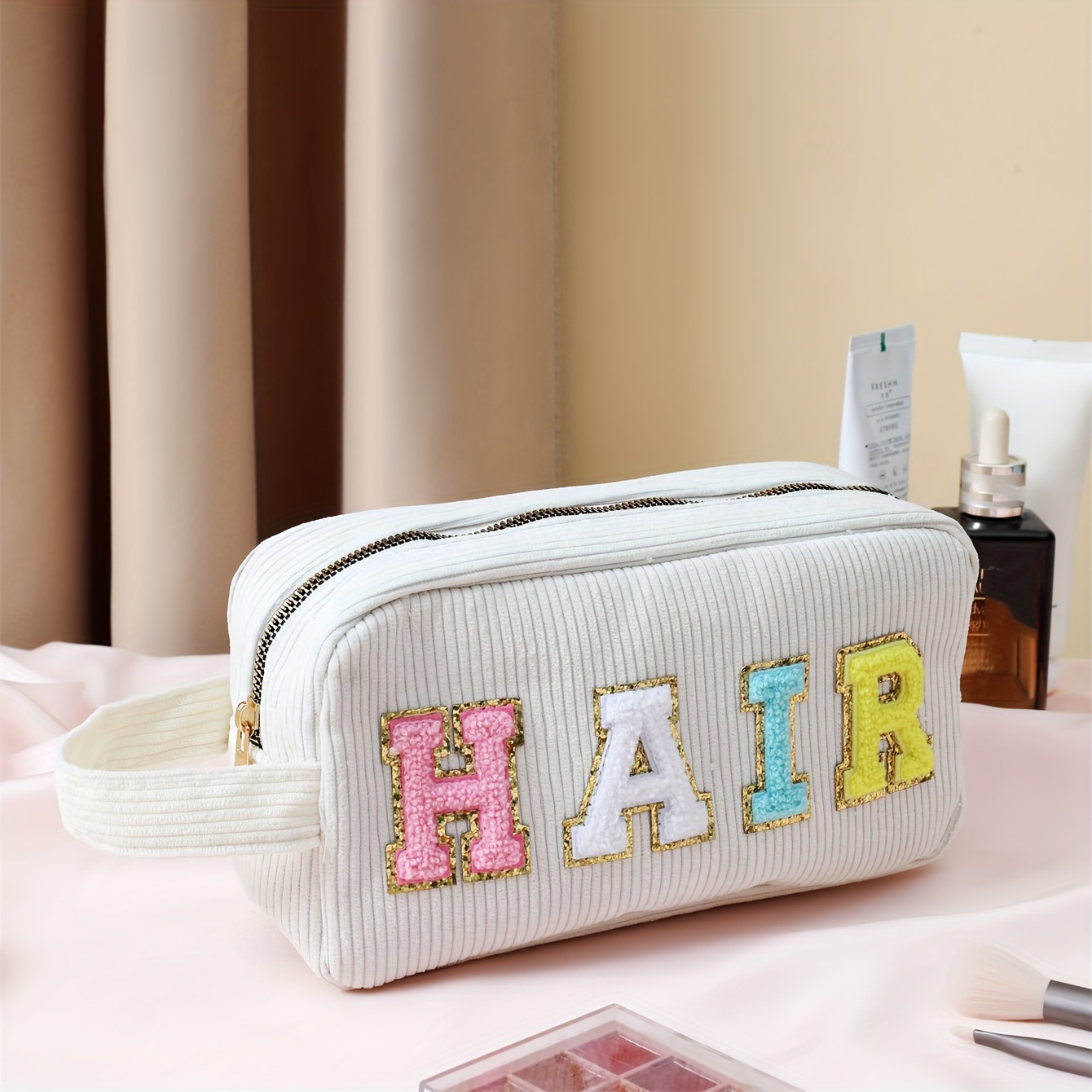 TEMU 1/4pcs Preppy Corduroy Makeup Bag, Freshman Letter Patch Zipper Pouch, Large Capacity Fashion Wallet Organizer, Portable Travel Cosmetic Bag
