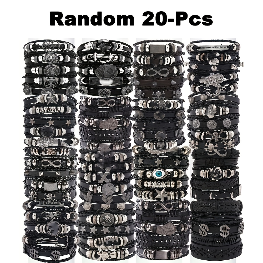 TEMU Random10/20/30pcs Punk Hip Hop Style Bracelets Set Skull Cross Star Halloween Chic Infinity Symbol Design Vintage Black For Teen And Gifts