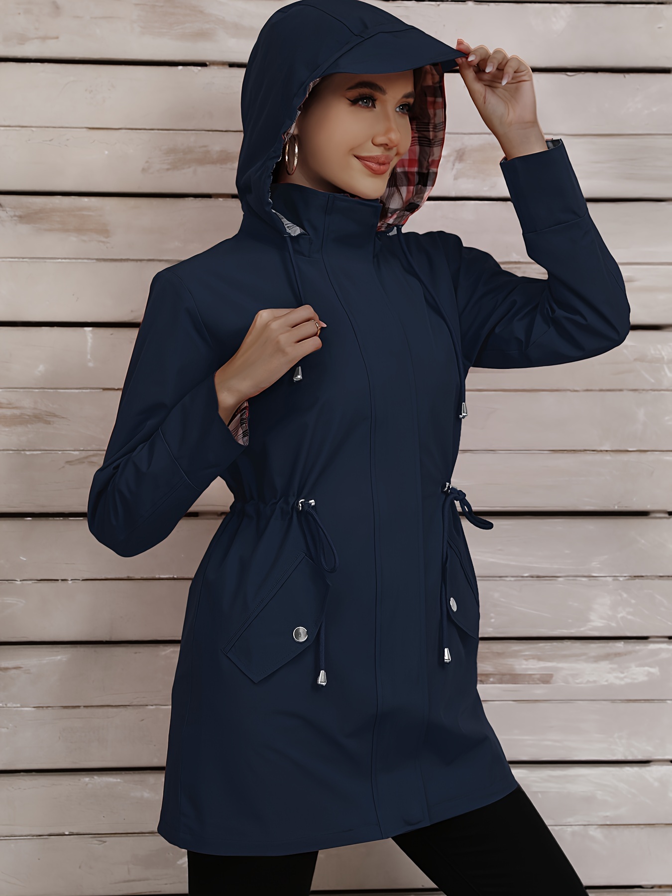 womens long sleeve hooded drawstring waist pockets zipper jacket womens outdoor wear clothing