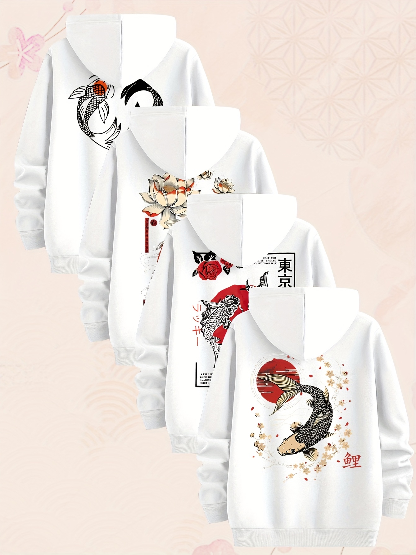 Carp Element Pattern Sweatshirt Four-Piece Men'S Hoodie, Made of Knitted Fabric, Casual Style, Fitted Hoodie Multi-Piece Set - Image 4