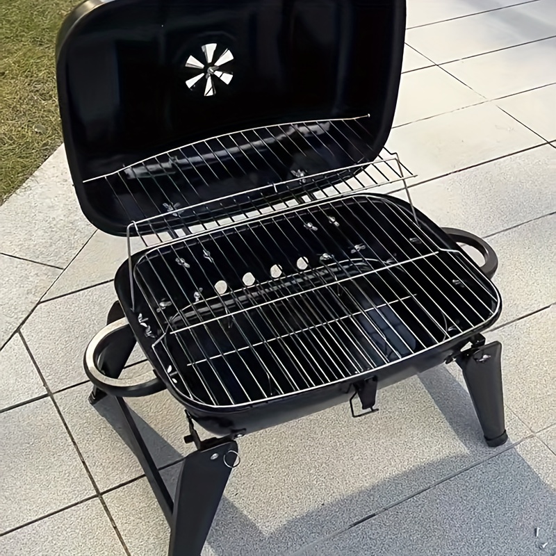 TEMU Compact Charcoal Barbecue Grill - Foldable Design, Sturdy Iron Build, Outdoor With A Collapsible Tabletop Ideal For Backyard Camping, Picnics,
