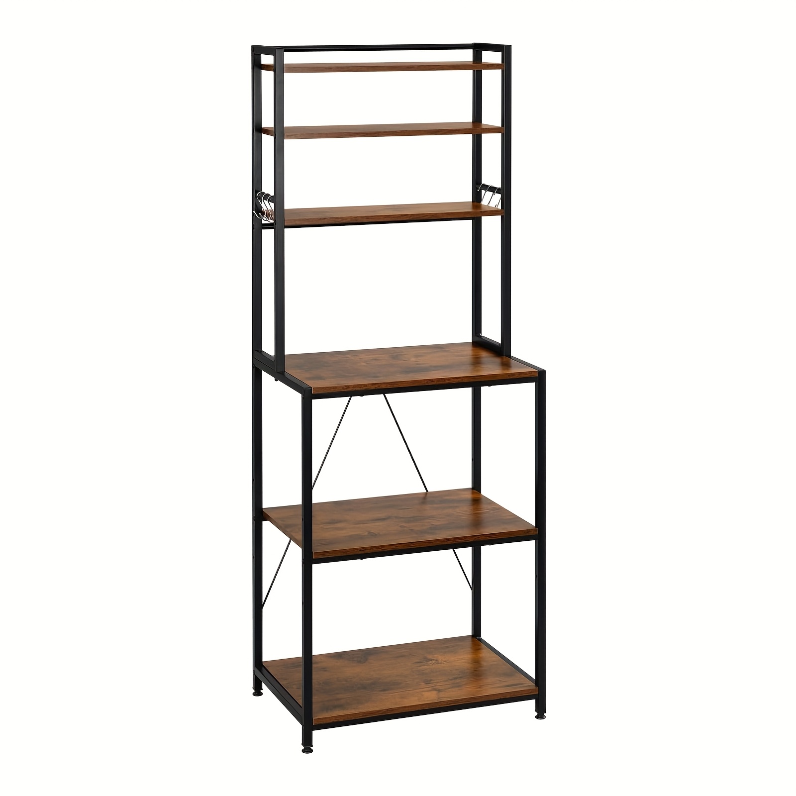 1pc Kitchen Shelf, Oven Rack, Microwave Shelf, Standing Storage Rack, 6 Shelves, 6 Hooks, Metal Frame, Engineer Wood, For Kitchen, Living Room