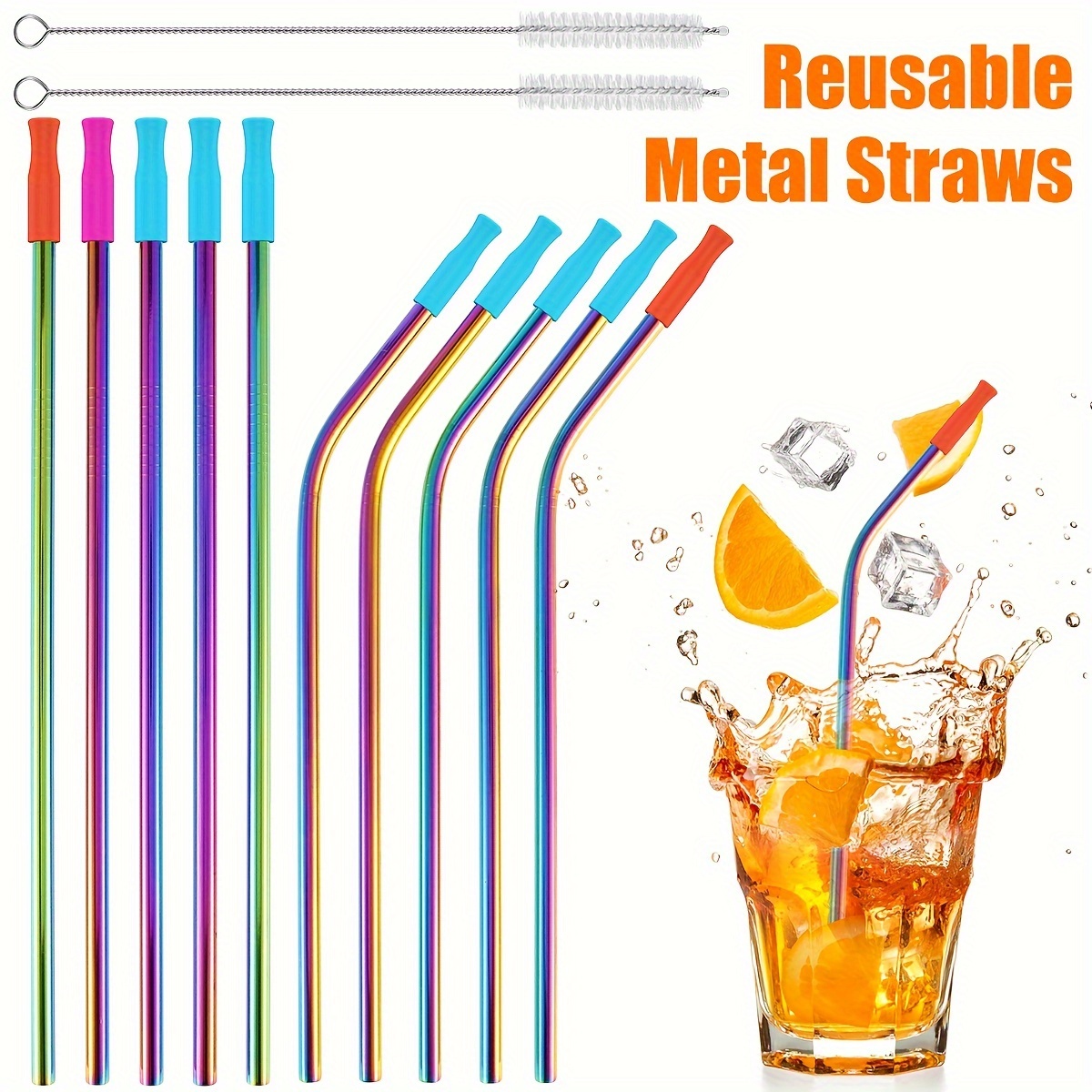 

10pcs Stainless Steel Straws Reusable Drinking Straws Colorful Curved Straight Straws With Cleaning Brush Storage Bag And 10 Silicone Tips Metal Straws Fit For 16 And 20 Oz Tumbler Cups Curved Straws