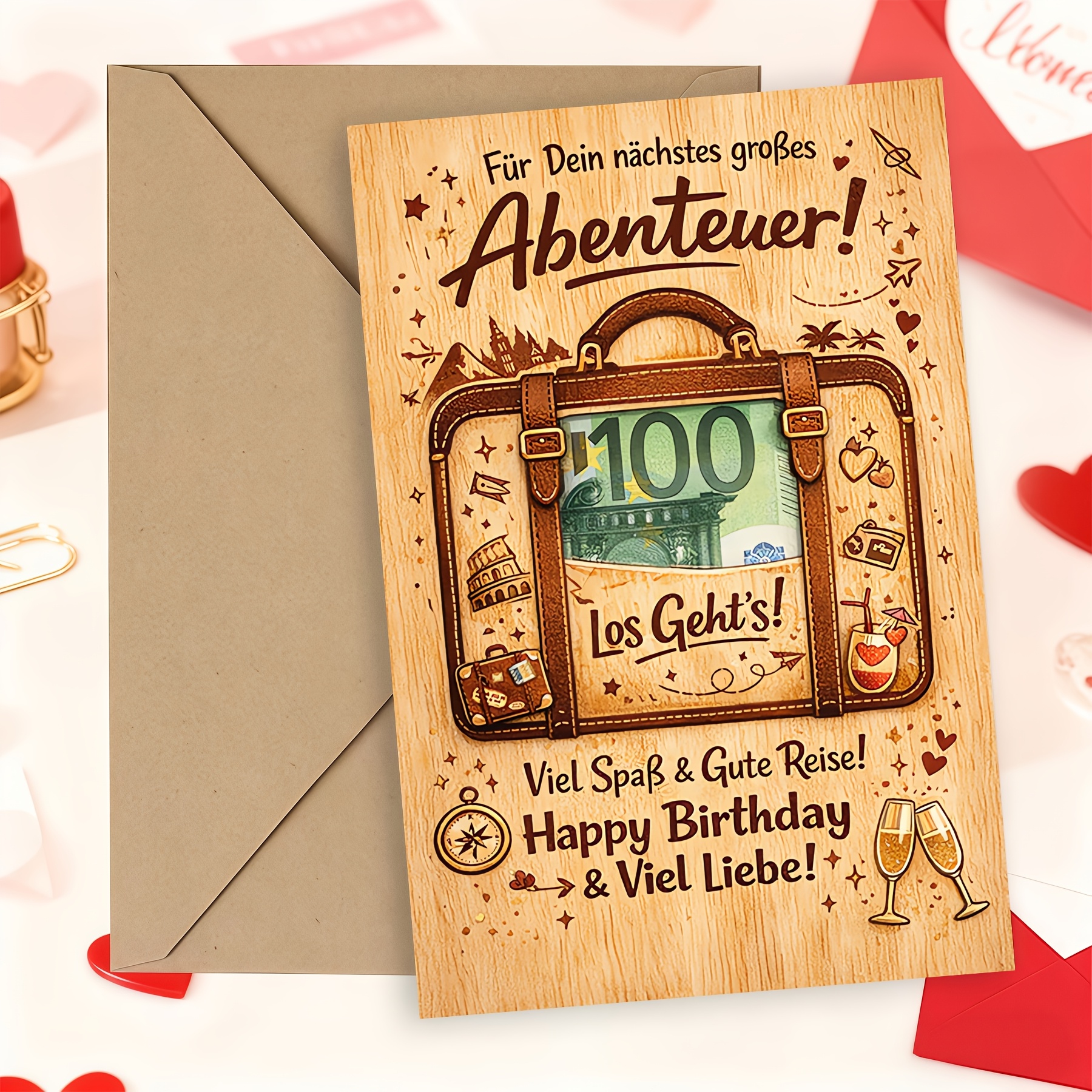 Image of 1 Set German Travel Themed Birthday Card With Envelope, Adventure Greeting Card, Wooden Texture Suitcase Design Card For